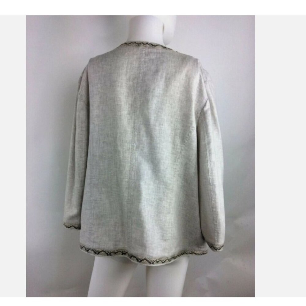 Chicos Linen Blend Jacket Womens Size 2 Neutral Snakeskin Trim Open Front - Picture 9 of 9